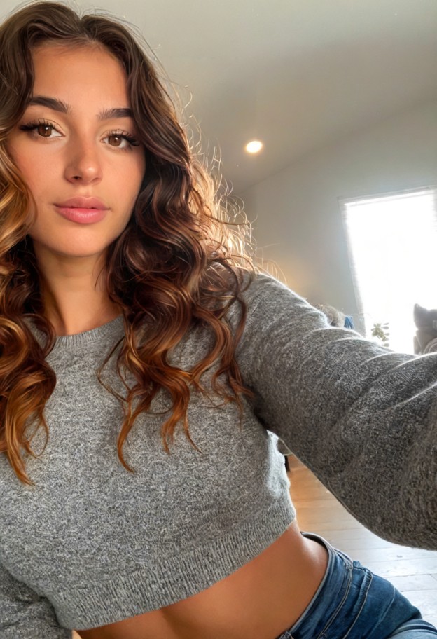 angelica is sitting nervously and looking at viewer,grey cotton sweater,dark denim jeans,cozy indoor setting,medium s…
