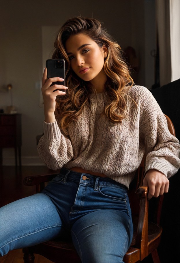 angelica is sitting in her chair holding a phone,grey cotton sweater,dark denim jeans,cozy indoor setting,dark wood,s…