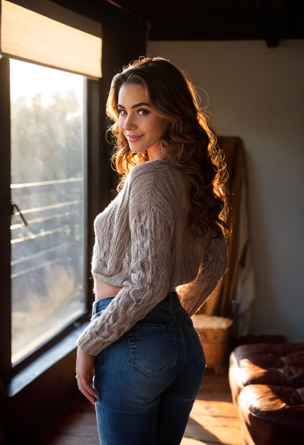 angelica is walking away and smiling,grey cotton sweater,dark denim jeans,cozy indoor setting,dark wood,soft fabrics,…