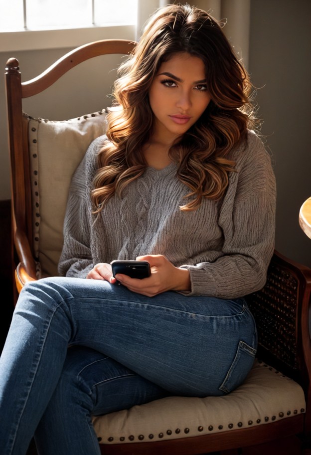 angelica sits in her chair looking at her phone,grey cotton sweater,dark denim jeans,dimly lit cozy indoor setting,me…