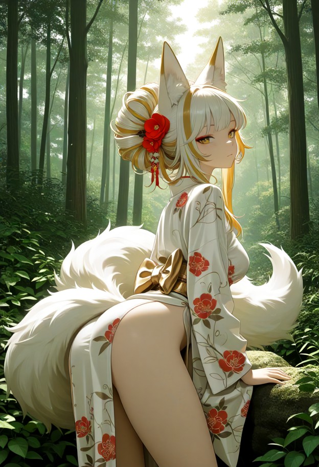 a she is is leaning forward in the forest,white silk kimono,red floral patterns,lush green forest,tall trees,thick bu…