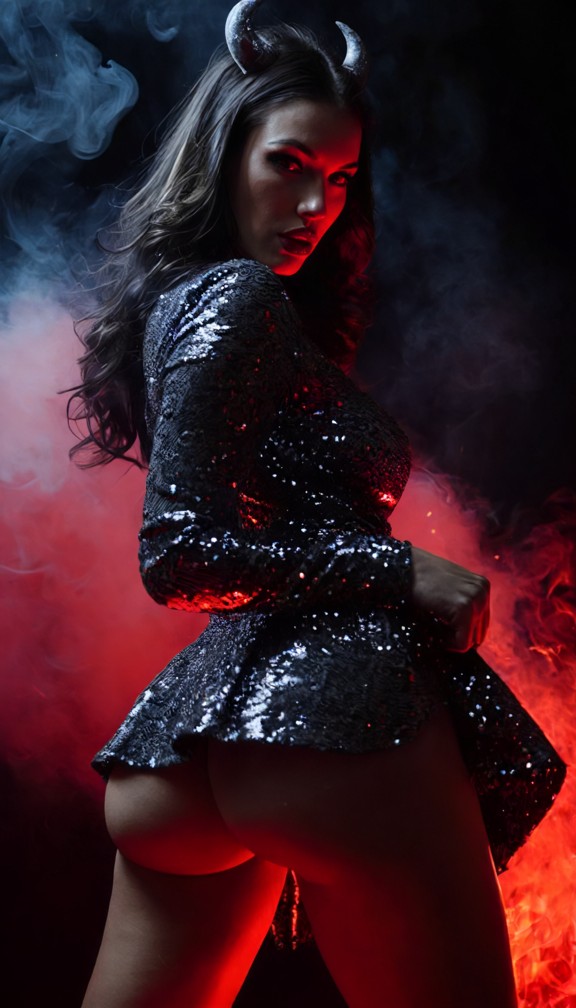 sultry hell nightclub outfit,sequined dress that shimmers like dying embers,smoke curling from the hemline,red lighti…