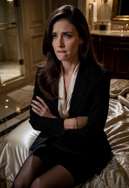 Location: night inside a luxurious, dimly lit bathroom with polished marble surfaces and a large, ornate bed draped i…