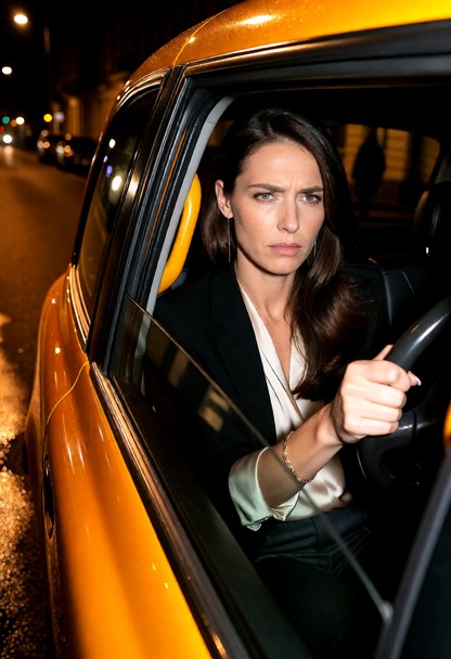Location: night on a dimly lit city street beside a parked taxi, with the warm orange glow of streetlights reflecting…
