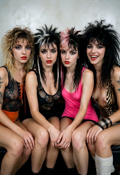 Summary: A photorealistic high-quality color professional photograph of four young women with 1980s punk and new-wave…
