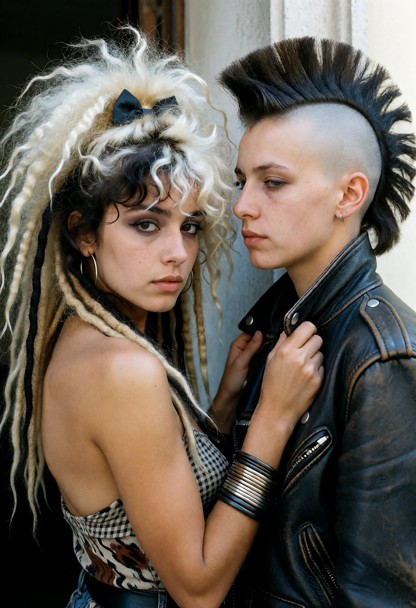 Summary: A young woman with enormous teased platinum-blonde hair looks over her shoulder at the camera while resting …