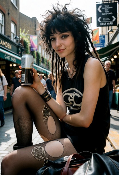 summary: A slender young woman in her early twenties sits in an outdoor market scene, holding a tall beer can and loo…