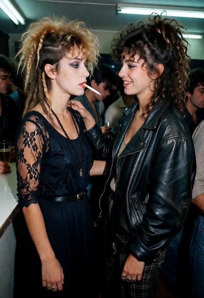 Summary: Two young women in their early-to-mid twenties stand close together in a crowded indoor club or backstage pa…