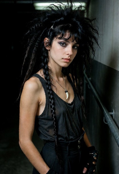 Summary: A pale-skinned young woman in her early twenties with sharp, striking features and jet-black hair teased int…