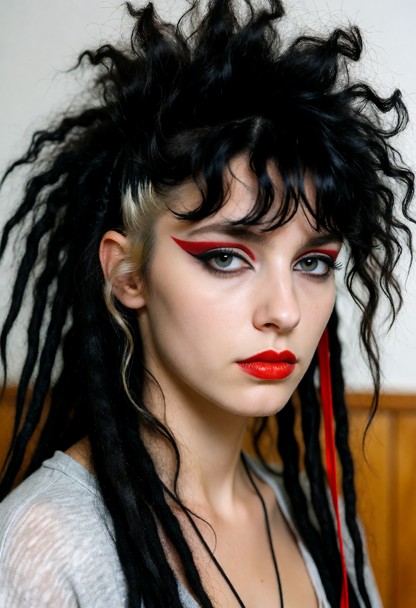 Summary: A photorealistic high-quality color professional photograph of a young woman with striking 1980s new-wave st…