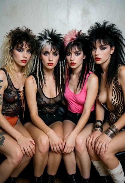 Summary: A photorealistic high-quality color professional photograph of four young women with 1980s punk and new-wave…