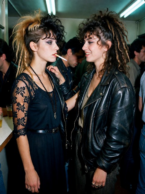 Summary: Two young women in their early-to-mid twenties stand close together in a crowded indoor club or backstage pa…