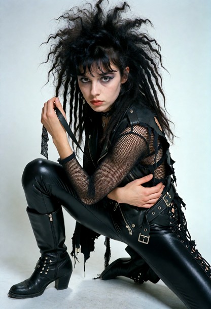 summary: A young woman in her early twenties with a fierce early-1980s post-punk goth presence crouches in a dynamic …