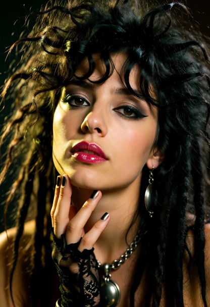 Summary: A high-quality professional color photograph of a young adult woman with fair skin and striking 1980s glam-r…