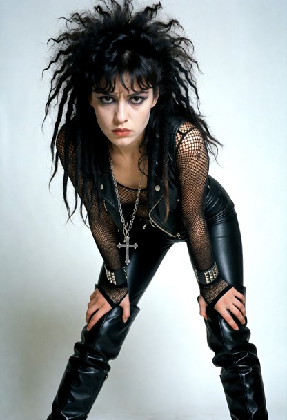 summary: A striking young woman in her early twenties with an iconic early-1980s post-punk goth presence stands in a …