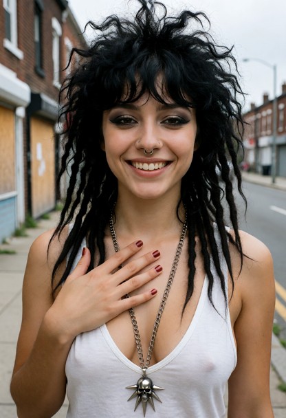 Summary: A photorealistic high-quality color professional photograph of a young woman with 1980s punk styling standin…