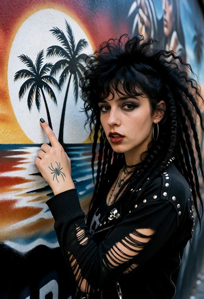Summary: A photorealistic high-quality color professional photograph of a young woman in 1980s goth-punk styling stan…