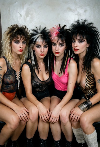 Summary: A photorealistic high-quality color professional photograph of four young women with 1980s punk and new-wave…