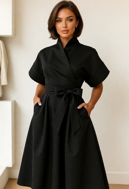 The dress appears to be a minimalist, structured black midi dress with a refined, modern aesthetic. Here are its key …