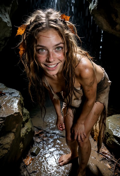Location: a dark, damp cave interior where cool rainwater drips from the rocky ceiling, creating glistening wet surfa…