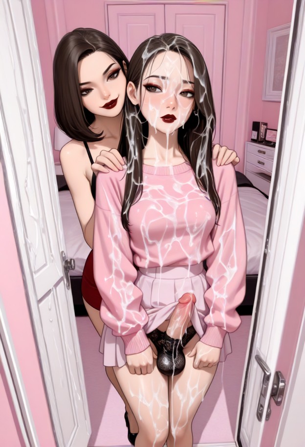 1girl,futa,standing,bedroom,pink wallpaper,pastel pink sweater,short pink skirt,black lace panties,black high heel sh…