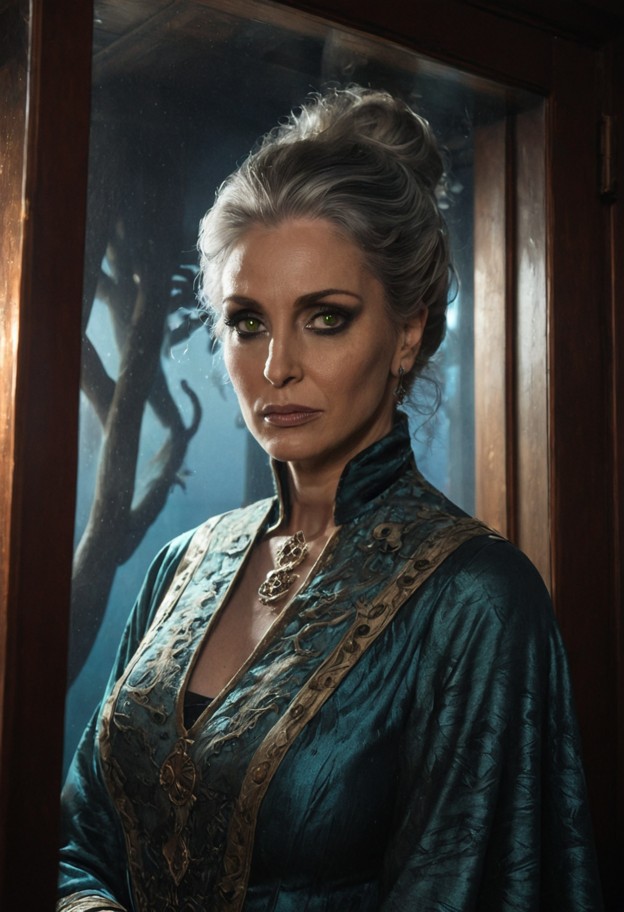 a cinematic hyper-realistic portrait of a 47-year-old merchant matriarch named cthylla marsh. she has a haunting,matu…