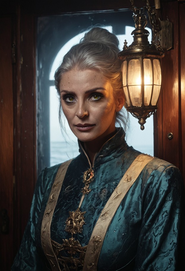 a cinematic hyper-realistic portrait of a 47-year-old merchant matriarch named cthylla marsh. she has a haunting,matu…
