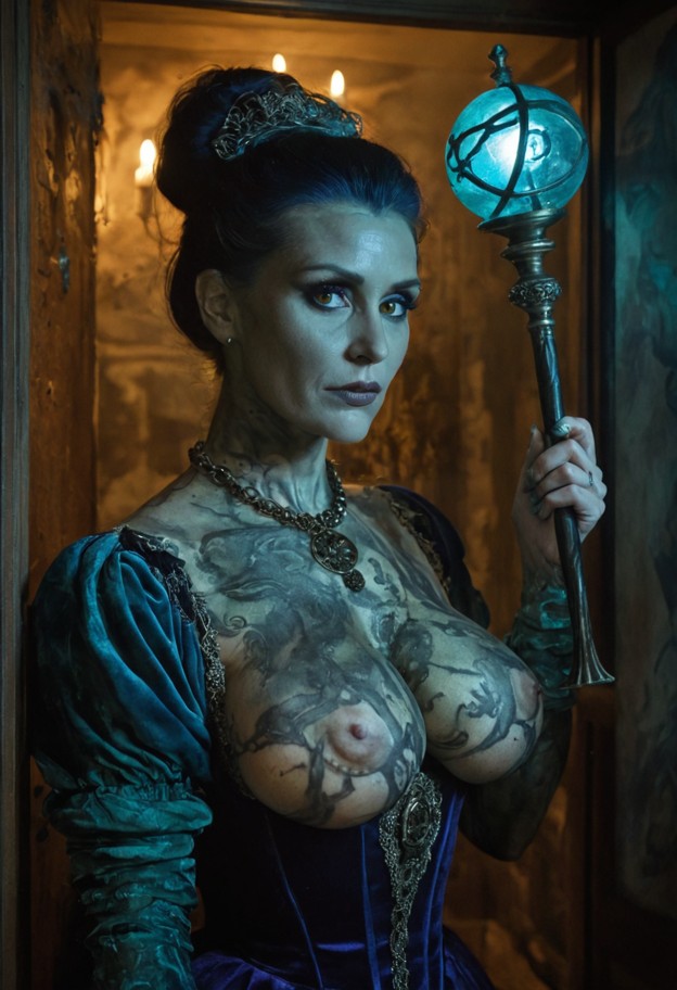 a cinematic hyper-realistic portrait of a 47-year-old merchant matriarch named cthylla marsh. she has a haunting,matu…