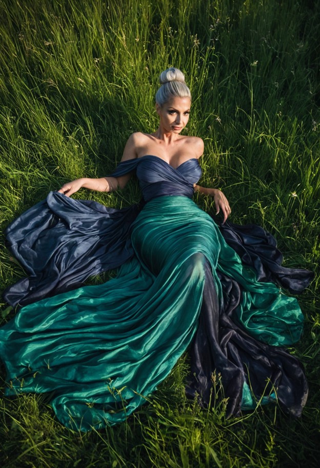 a high-angle bird's eye view shot of a woman lying peacefully in a lush,green meadow. she is elegantly wrapped in flo…