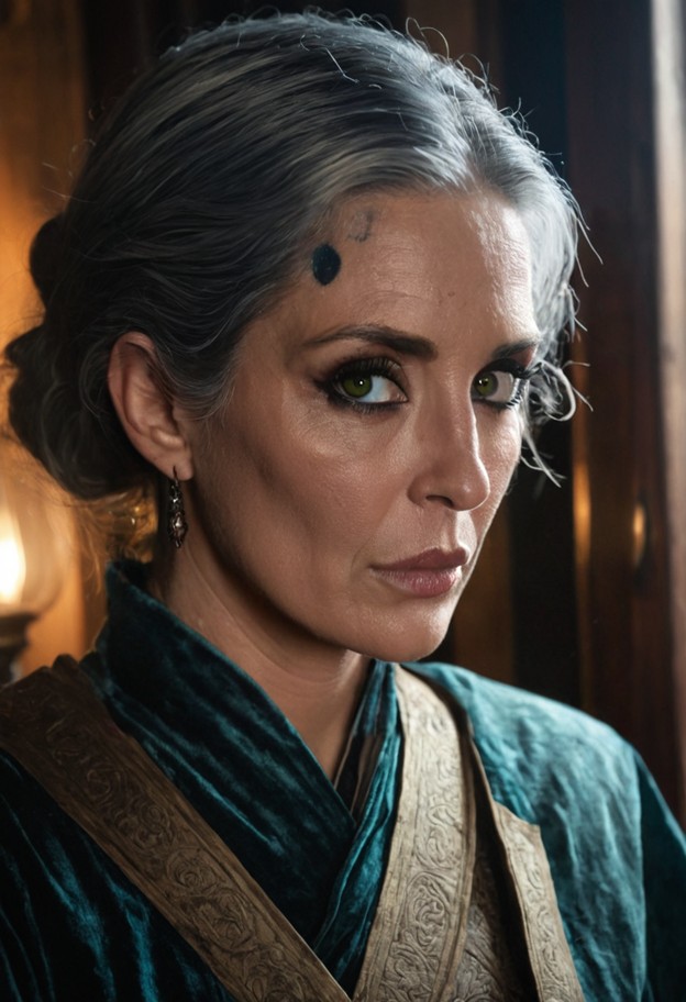 a cinematic hyper-realistic portrait of a 47-year-old merchant matriarch named cthylla marsh. she has a haunting,matu…