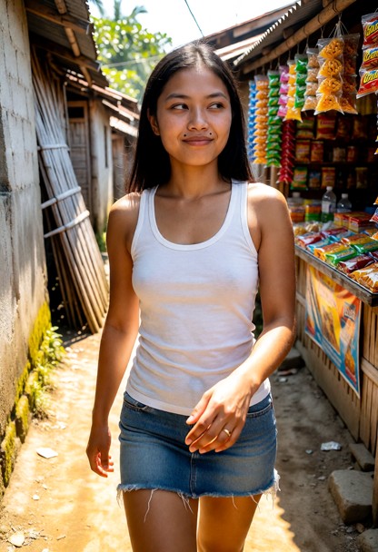Location: a narrow, sun-scorched lane in a rustic coastal Philippine village where weathered concrete walls and leani…