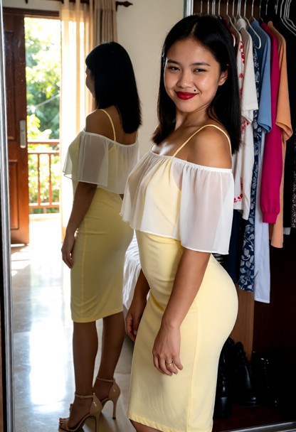 excited, horny housewife looks at herself in the mirror before going out in a date with a stranger
