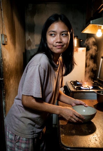 Location: a cramped and weathered Philippine kitchen during the early evening, where the dim light from a single bulb…