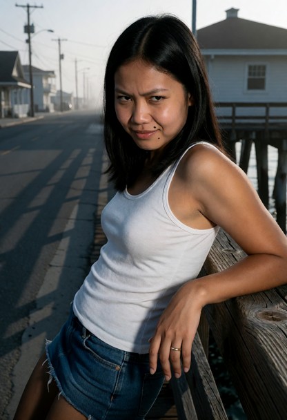 Location: a quiet street leading toward the pier in the early morning, where the soft, pale grey dawn light casts lon…