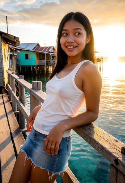 Location: a rustic wooden pier in the Philippines during a vibrant sunrise, where the brilliant golden light illumina…