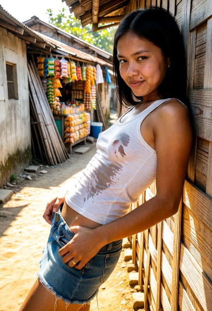 Location: a narrow, sun-scorched lane in a rustic coastal Philippine village where weathered concrete walls and leani…