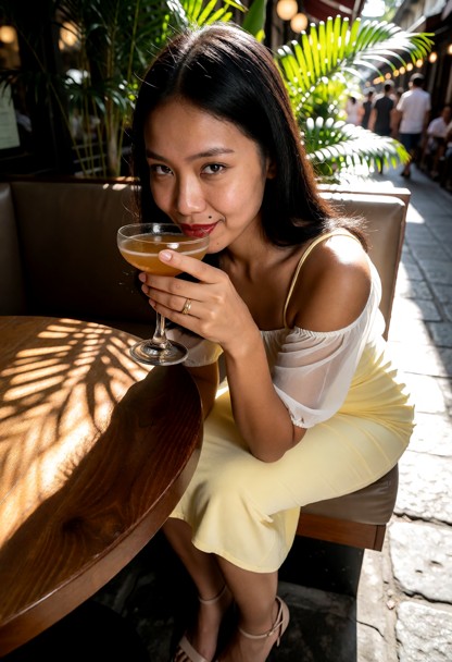 Location: cozy outdoor bistro area during a warm afternoon, where dappled sunlight filters through the leaves of near…