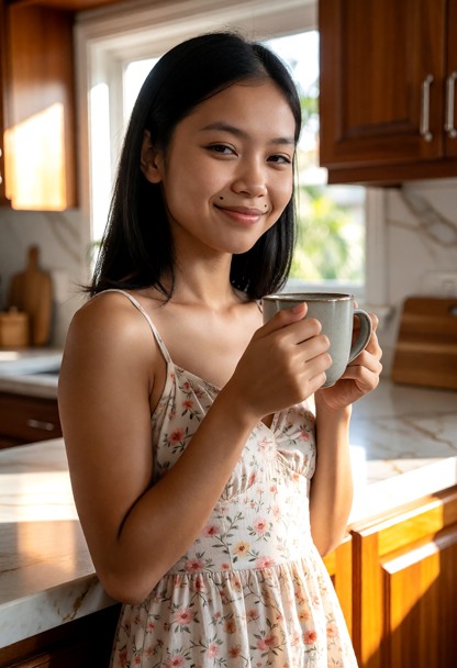 Location: bright morning in a cozy, sunlit kitchen with smooth marble countertops, polished wooden cabinets, and warm…