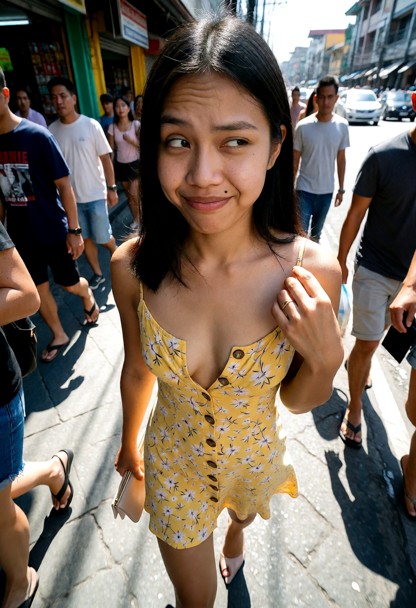 Location: a busy Philippine street during a bright, sweltering afternoon with harsh sunlight casting sharp shadows on…