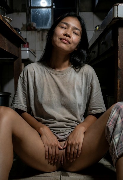 Location: a cramped and weathered Philippine kitchen during the late night, where the single bulb is off and only the…