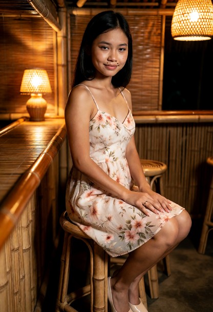 Location: rustic bamboo bar-lounge in a traditional Filipino setting with warm amber lighting from small lamps castin…