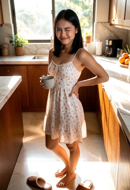 Location: bright morning in a cozy, sunlit kitchen with smooth marble countertops, polished wooden cabinets, and warm…