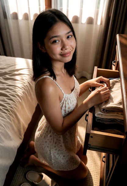 Location: warm afternoon in a cozy Filipino-style bedroom with soft sunlight filtering through sheer white curtains, …