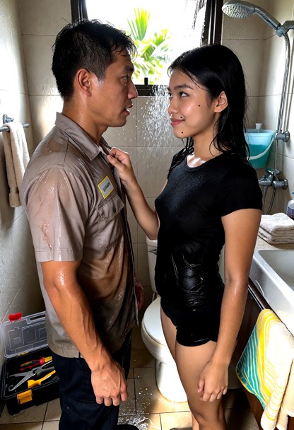SCENE: Exactly two adults: the selected woman and one adult male repairman. Use her profile photo as the reference fo…