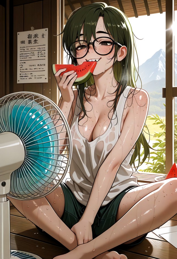 1girl,solo,anime style,extremely hot japanese countryside summer,sitting on a wooden engawa of a traditional japanese…