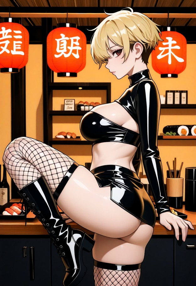 black_shrug,black_tube_top,black mini skirt,fishnet stockings,thigh high leather boots,traditional japanese restauran…
