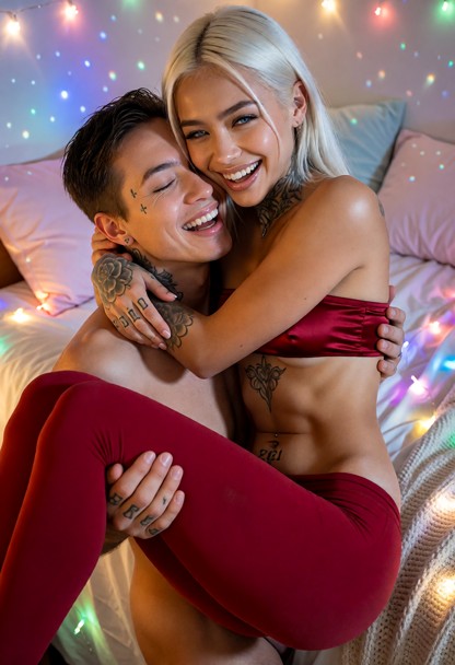 Location: cozy dorm room at night, illuminated by the soft, colorful glow of scattered fairy lights that cast gentle …