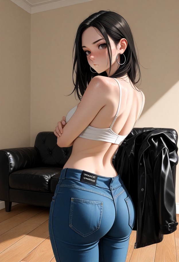 she is standing in the living room with arms crossed,black winter coat,blue denim jeans,living room,wooden floor,dark…
