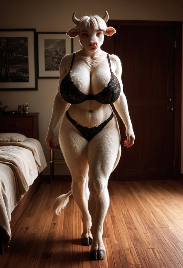 a furry she is standing in a bedroom,black lace bra,black lace panties,bedroom,closed wooden door,wooden floor,dim li…