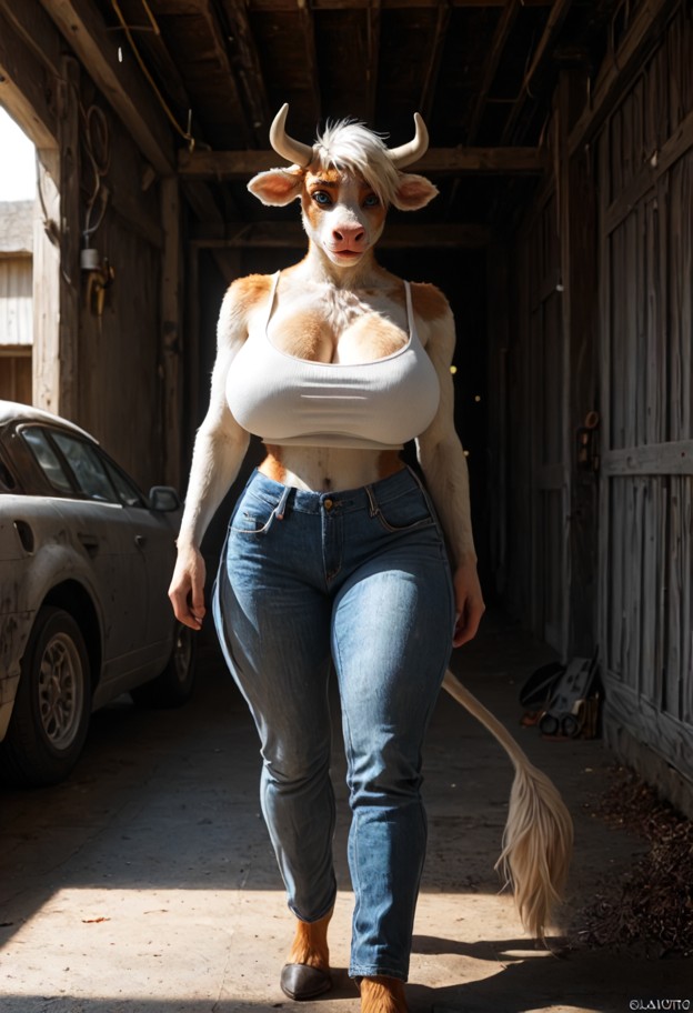 a furry walking toward the garage door,blue denim jeans,white cotton crop top,garage with concrete floor,dusty lawnmo…